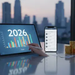Tablet z wykresem i rokiem 2026, smartfon z listą pożyczek, stos monet i karty płatnicze na biurku.