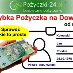 Dłoń trzyma banknoty 100 zł obok dowodu osobistego z danymi Kowalski Jan.