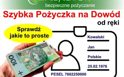 Dłoń trzyma banknoty 100 zł obok dowodu osobistego z danymi Kowalski Jan.