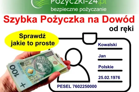Dłoń trzyma banknoty 100 zł obok dowodu osobistego z danymi Kowalski Jan.