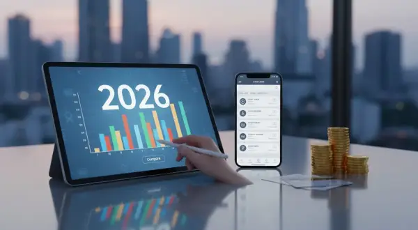 Tablet z wykresem i rokiem 2026, smartfon z listą pożyczek, stos monet i karty płatnicze na biurku.