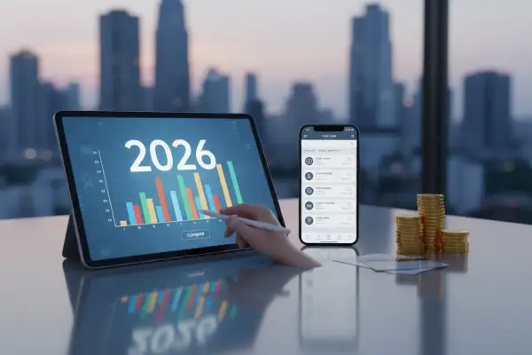 Tablet z wykresem i rokiem 2026, smartfon z listą pożyczek, stos monet i karty płatnicze na biurku.